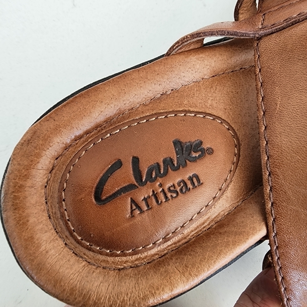 Clarks Artisan Two-Tone Brown Tan Leather Strappy Heel Sandal Size 9.5 MCS5955K - Picture 8 of 13